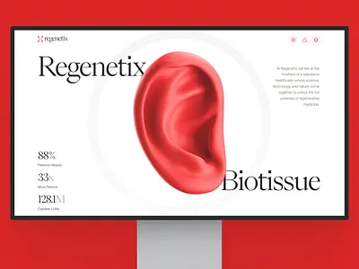 regenetix: AI Regenerative Medicine - Tissue Engineering Hero UI bioengineering biotech biotech landing page biotech web design biotech website biotechnology cell therapy clean digital health ear lab grown tissue medical research minimal modern organ regeneration red regenerative medicine stem cell therapeutic tissue engineering