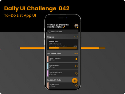 Challenge #042 - To-Do List UI | Daily UI appdesign cleandesign dailyui darkthemeui designchallenge designinspiration interfacedesign minimaldesign mobileappdesign mobileui modernui productivityapp progresstracker taskmanagement taskmanager todolist uidesign userexperience uxdesign workflowapp