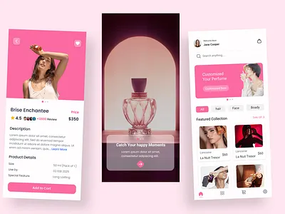 Elegant Perfume Shopping App Design appdesign beautyapp customizableapp ecommercedesign elegantui fashionapp interactiveui luxurydesign minimaldesign mobiledesign mobileshopping mobileui modernui perfumeapp pinktheme productpagedesign productshowcase shoppingapp uiuxdesign userexperience
