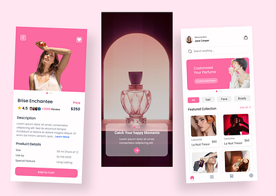 Elegant Perfume Shopping App Design appdesign beautyapp customizableapp ecommercedesign elegantui fashionapp interactiveui luxurydesign minimaldesign mobiledesign mobileshopping mobileui modernui perfumeapp pinktheme productpagedesign productshowcase shoppingapp uiuxdesign userexperience