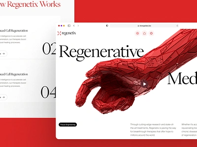 regenetix: AI Regenerative Medicine - Tissue Engineering UIUX 3d bioengineering biotech biotech landing page biotech web design biotech website biotechnology cell therapy clean digital health hand lab grown tissue medical research minimal modern organ regeneration red regenerative medicine stem cell tissue engineering