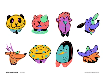 Color Animal Avatars animal avatar animals avatar icons bear cat colorful deer dog flat fox frog getillustrations head avatar icons illustration lion monkey panda pfp vector avatar