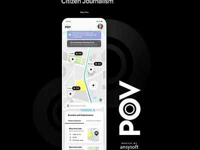 The mobile app named " POV " designed by Ansysoft. adobephotoshop ansysoftapp bounty breakingnews citizenjournalism communitynews events footage livevideo localnews mobileapp newapp news on demand pov protests realtime rewards