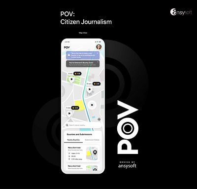 The mobile app named " POV " designed by Ansysoft. adobephotoshop ansysoftapp bounty breakingnews citizenjournalism communitynews events footage livevideo localnews mobileapp newapp news on demand pov protests realtime rewards