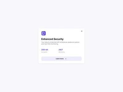 Security feature UI card popup 256bitencryption cardui cleandesign ctadesign cybersecurity dailydesign dataencryption dribbbleshots figmadesign interactivedesign realtimemonitoring securedesign techsafety ui uidesign uielements userinterface uxcommunity uxwriting webdesign