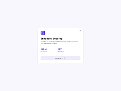 Security feature UI card popup 256bitencryption cardui cleandesign ctadesign cybersecurity dailydesign dataencryption dribbbleshots figmadesign interactivedesign realtimemonitoring securedesign techsafety ui uidesign uielements userinterface uxcommunity uxwriting webdesign