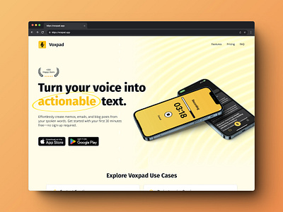 Voxpad Redesign Concept app hero ios iphone landing mockup yellow