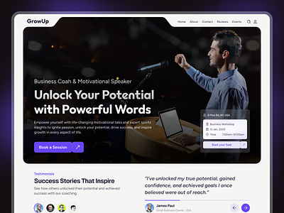 Business Coach Web Design Landing Page (Hero) branding business coach coach website coaching grow hero home landing page modern motivation services speaker sports startup training uiux web design website workout