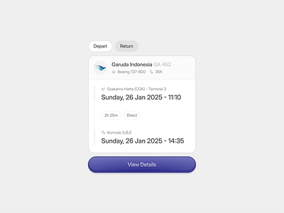 Upcoming Flight 🛫 blue button card clean component design detail flight fly icon interface minimal modal plane product simple tabs ticket travel ui