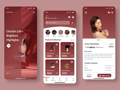 "ATHENA - Perfume Shopping App UI/UX Design" appdesigninspiration beautyandlifestyle ecommerceexperience ecommerceui fragranceapp interactivedesign luxurydesign minimalui mobileappdesign mobileshopping modernuidesign onboardingscreen perfumeapp productpagedesign productshowcase redtonedesign richcolorpalette shoppingapp uidesigntrends uiuxdesign