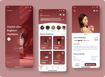 "ATHENA - Perfume Shopping App UI/UX Design" appdesigninspiration beautyandlifestyle ecommerceexperience ecommerceui fragranceapp interactivedesign luxurydesign minimalui mobileappdesign mobileshopping modernuidesign onboardingscreen perfumeapp productpagedesign productshowcase redtonedesign richcolorpalette shoppingapp uidesigntrends uiuxdesign
