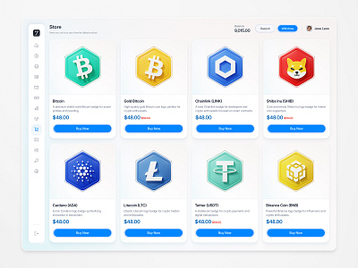 Digital Crypto Badge Store Dashboard badge store bitcoin blockchain ui branding tools crypto enthusiasts crypto icons crypto payments crypto store cryptocurrency digital badges e commerce design financial technology minimalist design modern dashboard online shopping saas dashboard store dashboard ui design user experience ux design