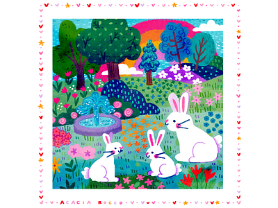 Bunnies acacia rocco bunnies colored pencil colorful cute garden illustration kawaii pastel rabbit