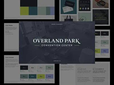 Overland Park Convention Center - Brand Standards brand brand design brand guidelines brand standards brand system branding color palette convention center events identity kansas city logo logo mark overland park rebrand serif trade show typography visual identity wordmark