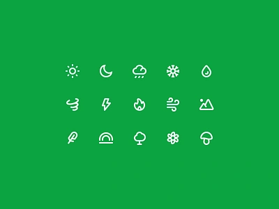 Nature & Weather Icons cloud feather fire flower lightning moon mountains mushroom rain rainbow raindrop snowflake sun tornado tree wind