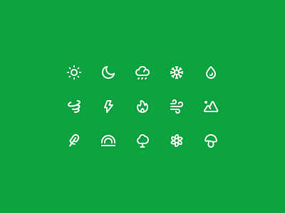 Nature & Weather Icons cloud feather fire flower lightning moon mountains mushroom rain rainbow raindrop snowflake sun tornado tree wind