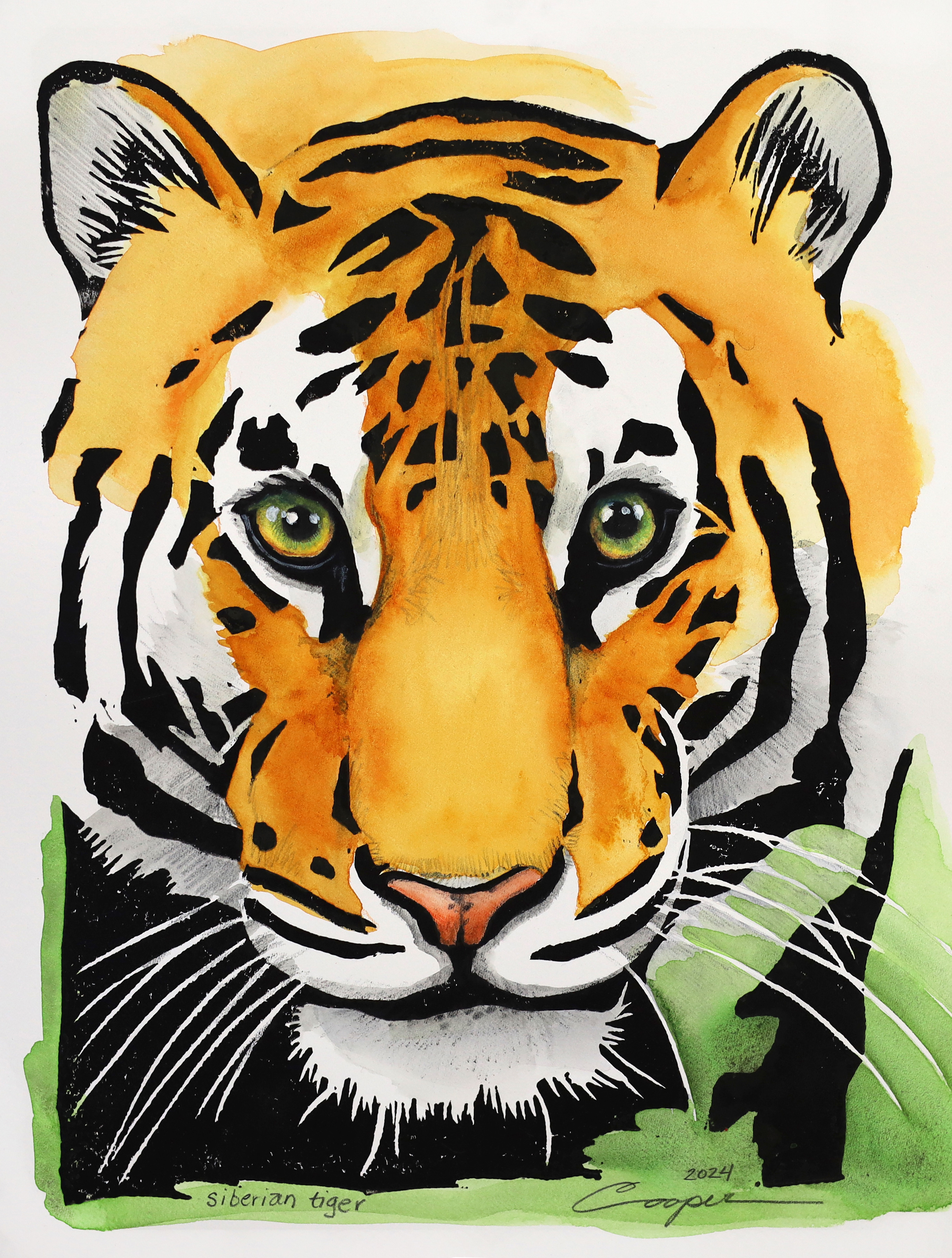 Siberian Tiger block print bold design fine art fun illustration logo design orange print tiger watercolor