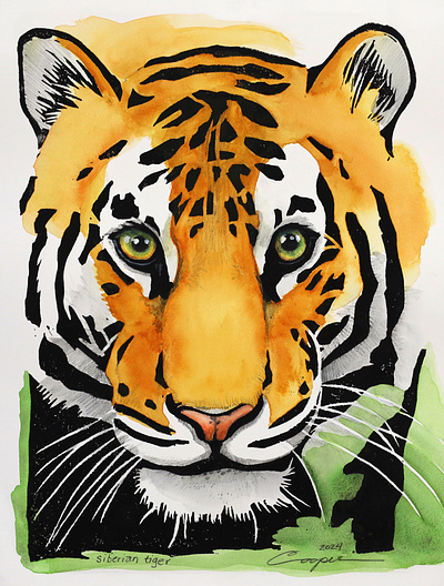 Siberian Tiger block print bold design fine art fun illustration logo design orange print tiger watercolor