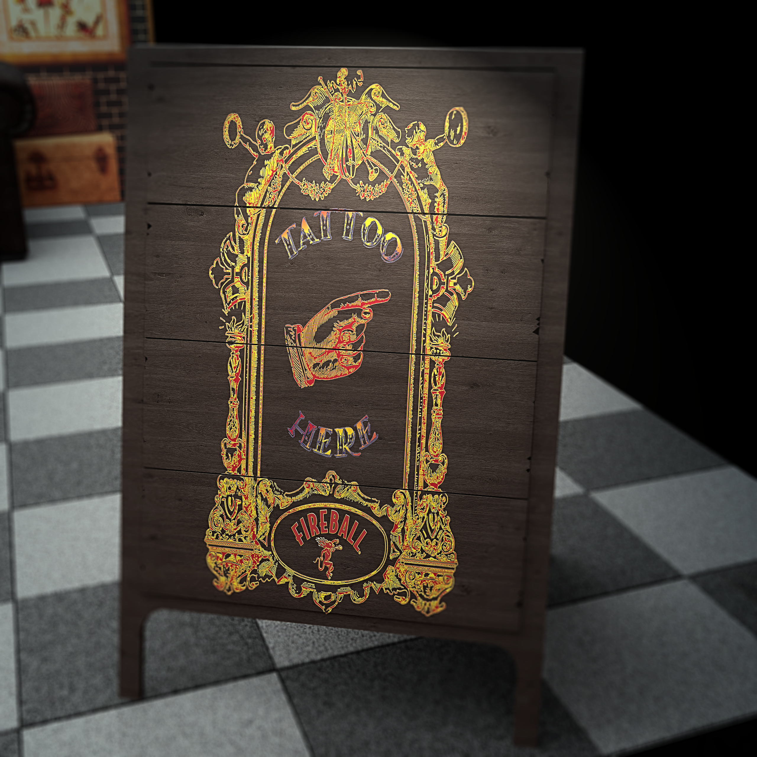 FIREBALL WHISKEY - TATTOO BOOTH RFP - WORLD DARTS CHAMPIONSHIP 3d branding cad d5 render design graphic design logo vectorworks