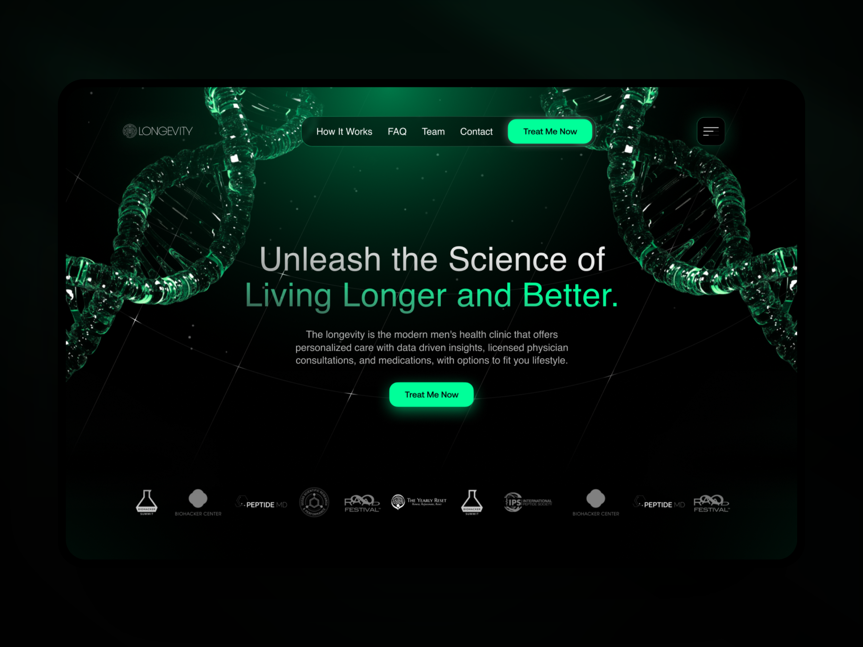 Bio Hacking Landing Page Concept bio hacking branding coachíng concept design dark design dna fitness app fitness coach fitness landing page fitness website floating navigation gradients green header health website landing page ui ui design ux velour