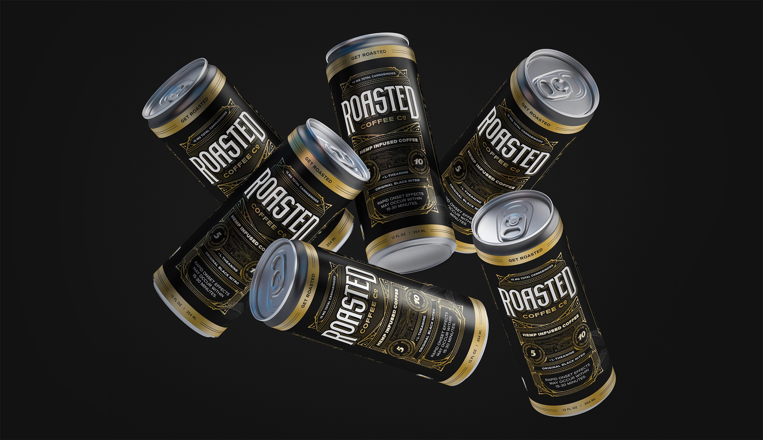 Roasted Coffee Co. brand identity cannabis beverage cannabis coffee logo canned coffee edible cannabis product food beverage packaging heritage logo spirits packaging vintage logo vintage packaging visual identity