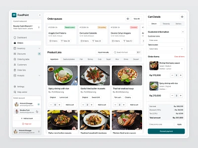 FoodPoint - POS Dashboard for Seafood Restaurant admin cart clean cooking customer dashboard dashboard pos food inventory management order payment point of sale pos product design seafood shop summary table ui