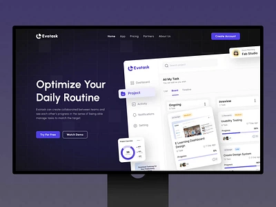 Evotask - Task Management Landing Page - Animation animation app clean dashboard design interaction landing page management meeting project project management project timeline saas schedule task management ui ux web app web design website