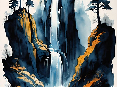 Forest waterfall cascade forest illustration nature outdoors scenic water watercolor waterfall