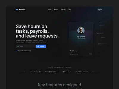 MovHR - Landing Page dark mode data hr hr management interaction landing page leave request morva morva labs payroll product design saas saas landing page schedule tasks ui user experience user interface user side ux