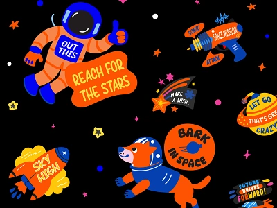 Space and Sci Fi Stickers adventures alien astroman astronaut design fun futuristic graphic design lettering retro rocket station sci fi science fiction space exploration space journey space tarvel spaceship stickers typography universe