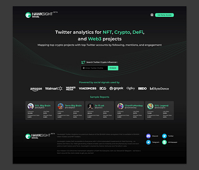 Hawksight Social Landing Page Project analytics clean crypto dark theme figma graphic design landing page layout my project simple social media twitter web3 work project