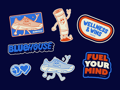 Blue House - Wellness & Wins Sticker pack badge badge design brand identity branding brands cartoon cartoon character character design design graphic design illustration logo logotype sneaker sticker collection sticker pack stickers typography vector visual identity