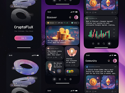 CryptoFlux - Your Gateway to Leading Crypto News 3d bento blockchaindesign cryptoapp cryptoappdesign cryptomarketupdates cryptonews cryptonewsfeeddesign cryptonewsux cryptotrendsui darkmodedesign defiappui futuristicdesign futuristicnewsapp minimalcryptoapp newsapp nftnewsui realtimecryptonews web3ui