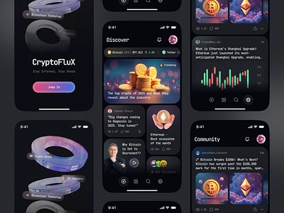 CryptoFlux - Your Gateway to Leading Crypto News 3d bento blockchaindesign cryptoapp cryptoappdesign cryptomarketupdates cryptonews cryptonewsfeeddesign cryptonewsux cryptotrendsui darkmodedesign defiappui futuristicdesign futuristicnewsapp minimalcryptoapp newsapp nftnewsui realtimecryptonews web3ui