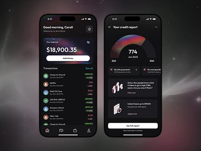 Fintech Banking Mobile App UI application bank app branding card charts clean ui credit score dark theme dashboard fintech graphic design graphs mobile ui saas seamless design spending transactions ui ux