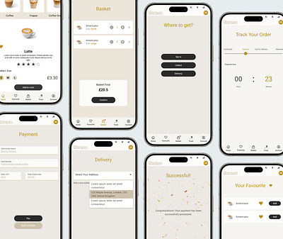 Ordering Experience - Coffee Shop App appjourney basket screen coffee ordering coffeeshopapp easy ordering favourite screen mobileapp payment uiuxdesign userfriendly