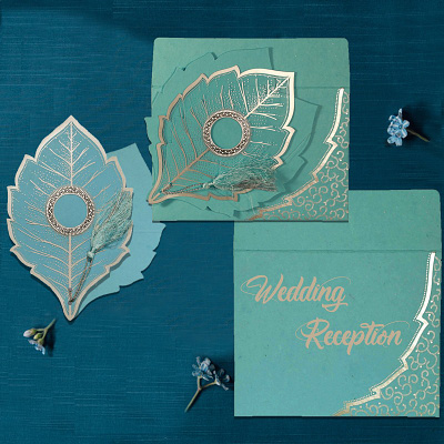 Turquoise Handmade Cotton Floral-Themed Wedding Card inexpensive wedding stationery