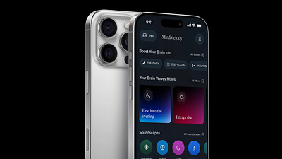MindMelody – Music Powered by Your Emotions 🎧 animation brain dark design headphones iot mobile app design mobile ui mood motion music playlist pxd smart ui ui design uiux user interface ux uxui