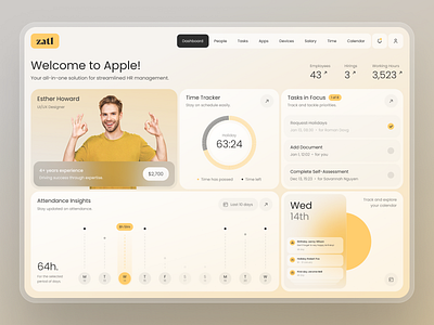 zatl • HR Dashboard attendance calendar card dashboard graph graphic design hr management modern platform premium profile saas tasks time ui ux website white yellow