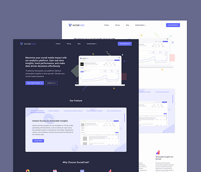 Social Crab Homepage Project adobe xd branding dark theme design figma homepage landing page light theme logo simple social media social media analytics ui uiux user interface