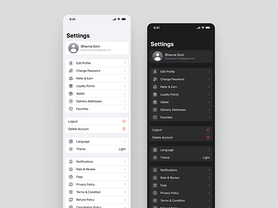 Settings page - Light vs Dark Mode app design app settings clean design dark mode design trends light mode mobileappdesign settings page ui inspiration uiuxdesign user experience