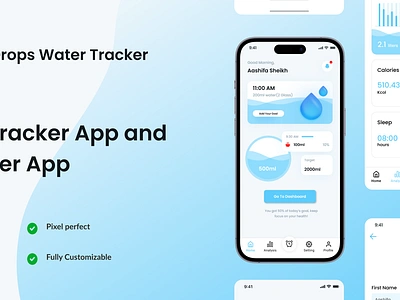 Drops Water Tracker - Hydration & Reminder App UI Kit 3d animation branding graphic design logo motion graphics ui