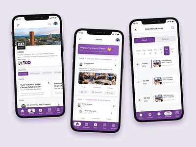 Campus Hub - University Groups & Event Management UI appdesigninspiration campuslife cleanui designshowcase dribbbleshots educationapp eventcalendar eventmanagementapp feeddesign groupmanagement mobileappdesign moderndesign purpleui responsivedesign socialapp studentportal uiuxdesign universityapp userexperience userinterface