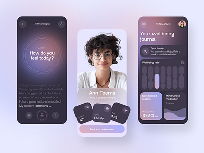 AI Wellbeing App ai app dashboard mental health mobile psychology ui voice assistant wellbeing widgets