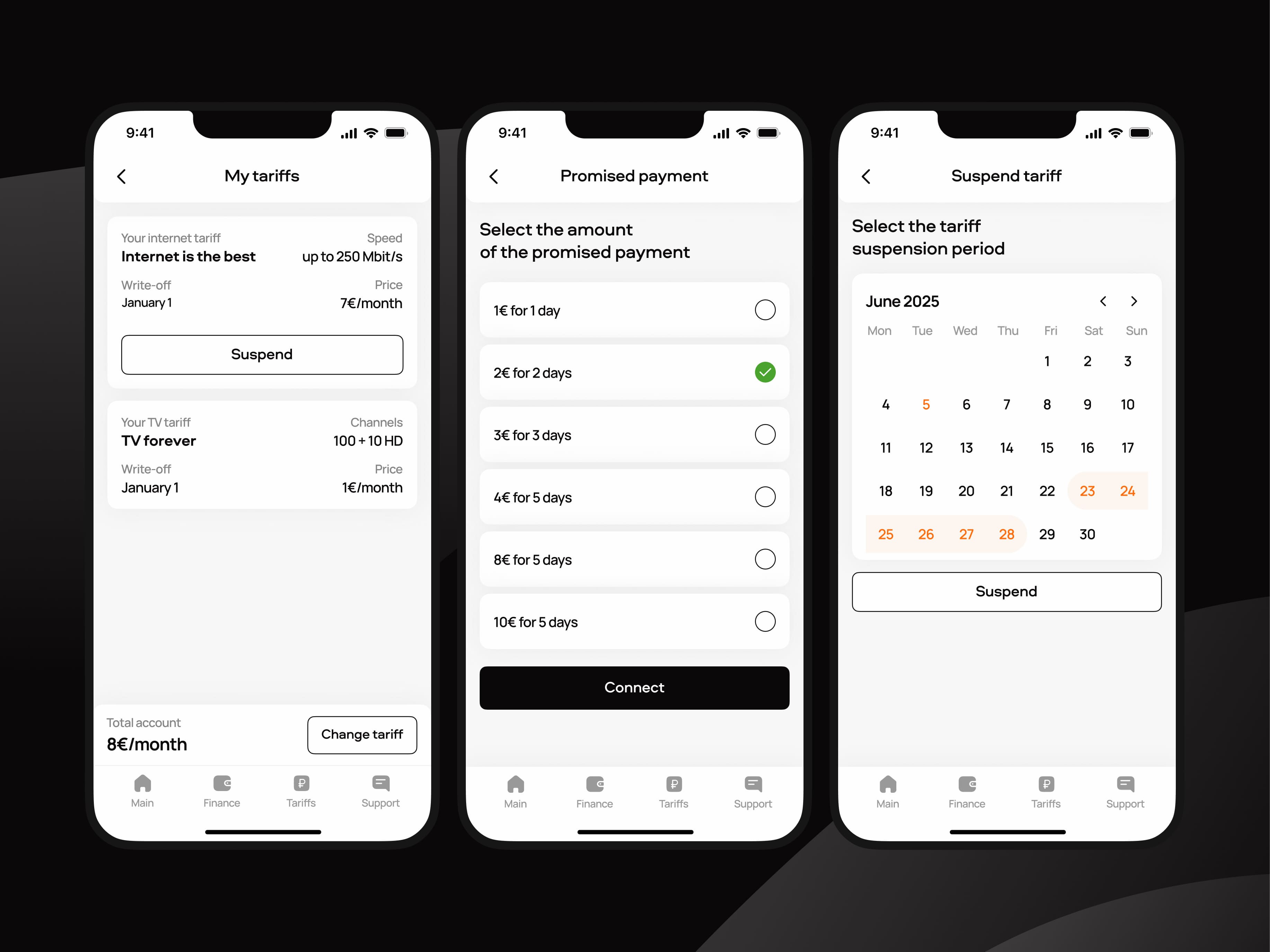 Internet service provider mobile app black calendar check color design payment phone rate settings tariff tv ui