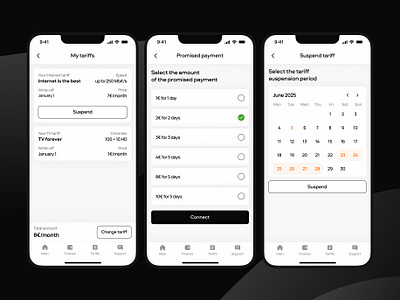 Internet service provider mobile app black calendar check color design payment phone rate settings tariff tv ui
