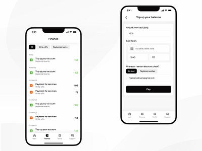 Finance section in mobile app app balance bank card design internet light money phone top ui ux