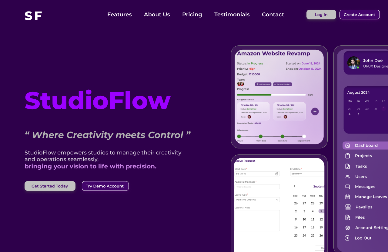 StudioFlow - A Studio Management System aesthetic company dailyui darktheme design figma management ui ux