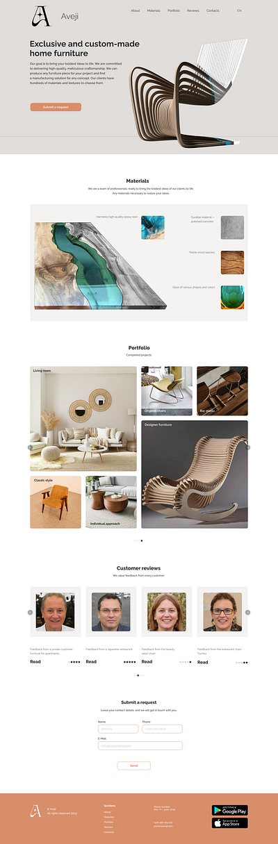 Aveji furniture design interface design landing page ui user interface web web design