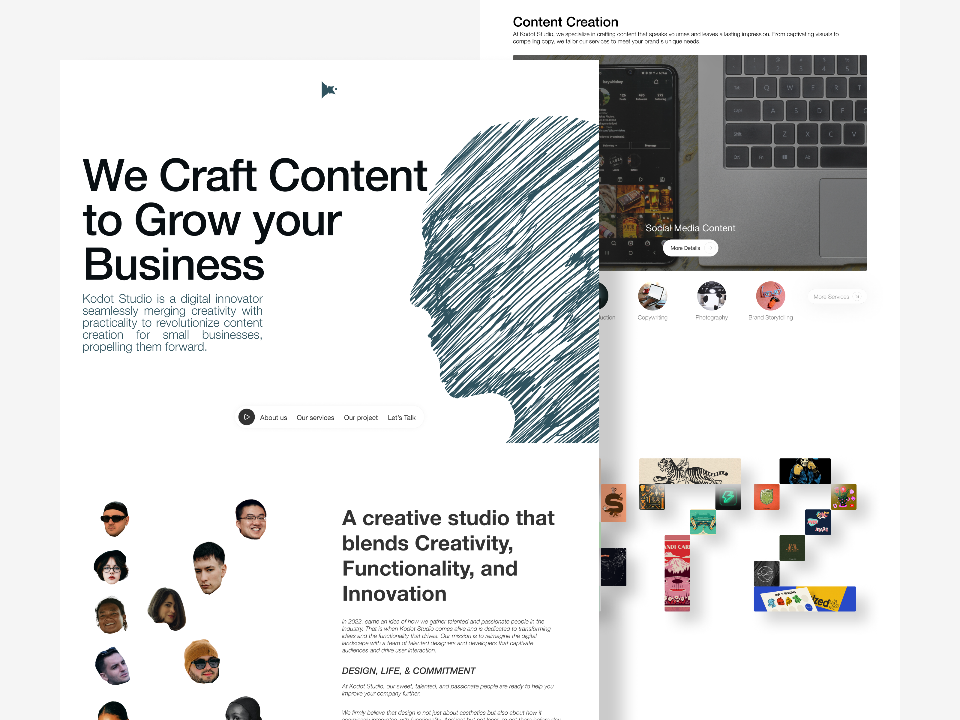 Kodot Studio - Creative Agency Landing Page agency black branding clean creative design figma landing page marketing simple ui uiux ux website white